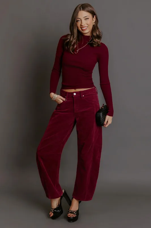 RISEN Cora High Waist Corduroy Barrel Leg Pants in Wine sold by Impressions