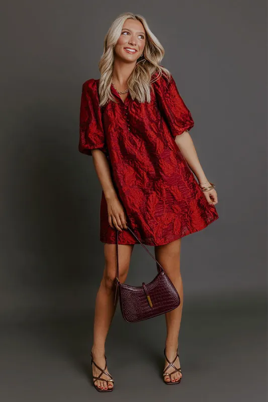 Holiday Happiness Floral Jacquard Mini Dress in Merlot sold by Impressions