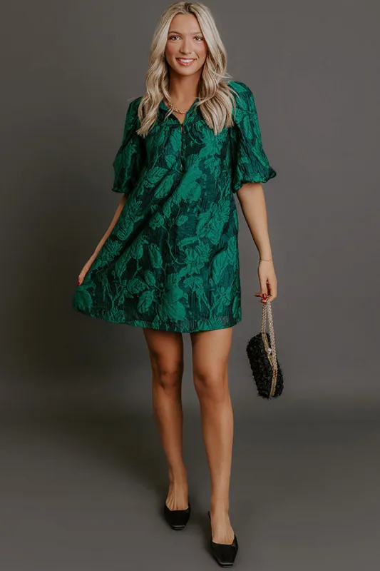Holiday Happiness Floral Jacquard Mini Dress in Hunter Green sold by Impressions