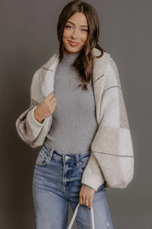 Cozy Lane Knit Plaid Shrug Cardigan in Oatmeal sold by Impressions