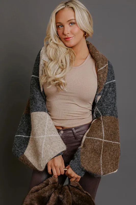 Cozy Lane Knit Plaid Shrug Cardigan in Charcoal sold by Impressions