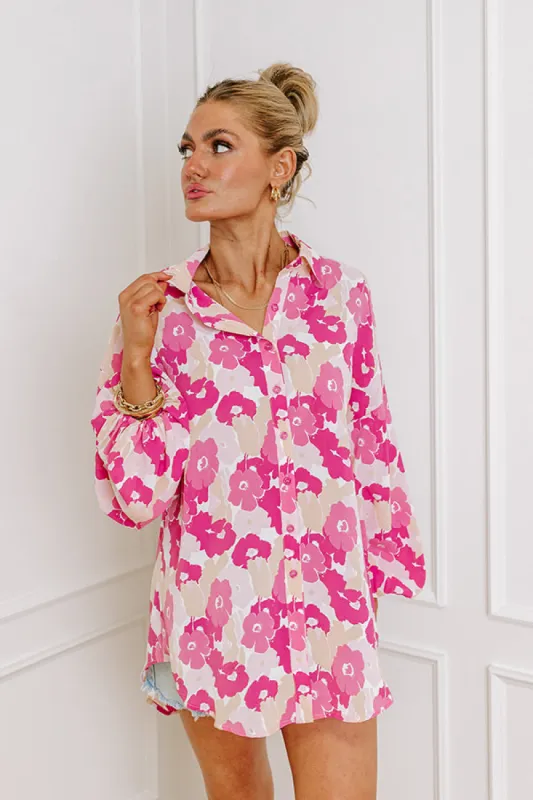 Sips and Smiles Floral Button Up in Blush sold by Impressions