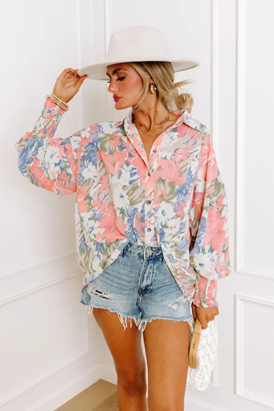 Private Jet Perfection Floral Button Up Top in Pink sold by Impressions