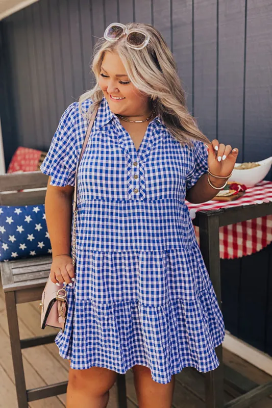 Picnic Ready Gingham Mini Dress in Royal Blue Curves sold by Impressions