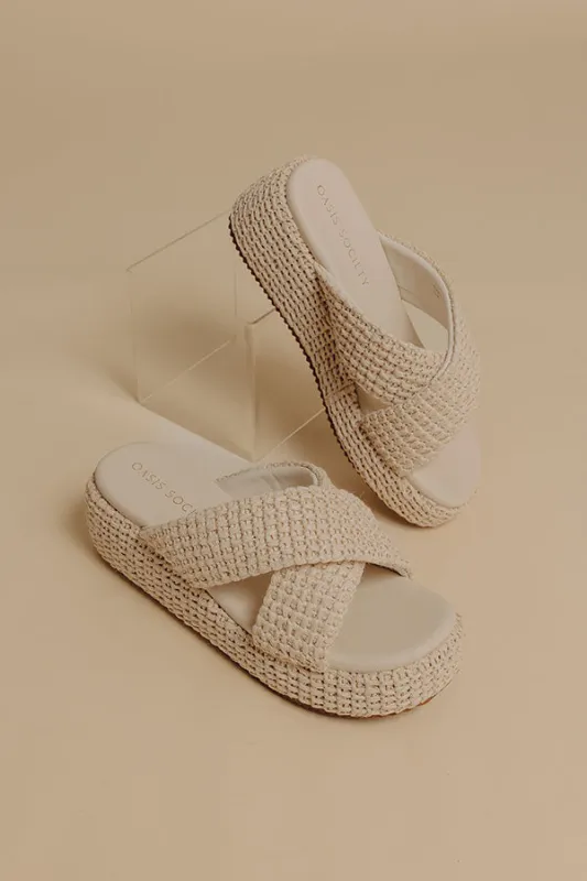The Fresno Raffia Woven Platform Sandal in Ivory made by Oasis Society