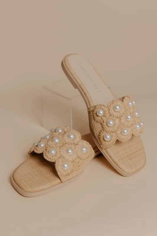 The Cathleen Raffia Woven Embellished Sandal in Tan sold by Impressions