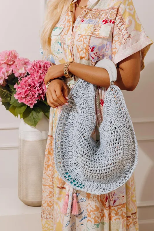 Camden Straw Woven Hobo Bag in Light Powder Blue sold by Impressions