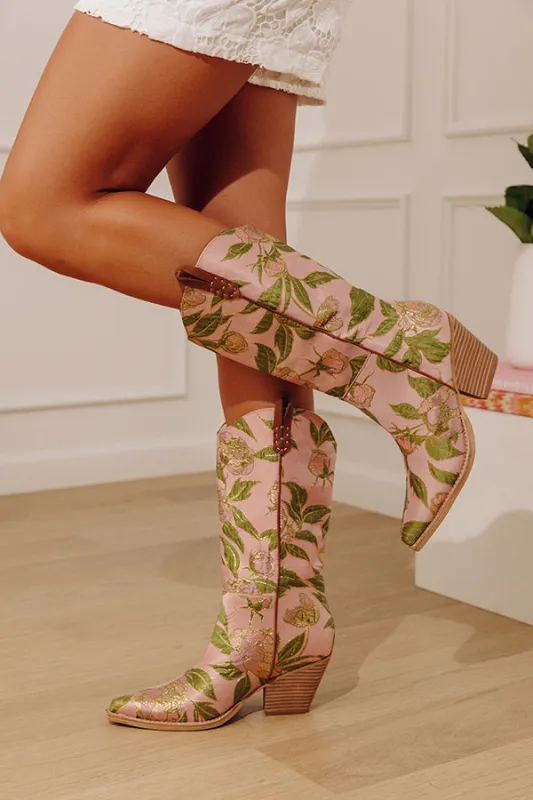The Tesha Floral Tapestry Cowboy Boots made by Oasis Society