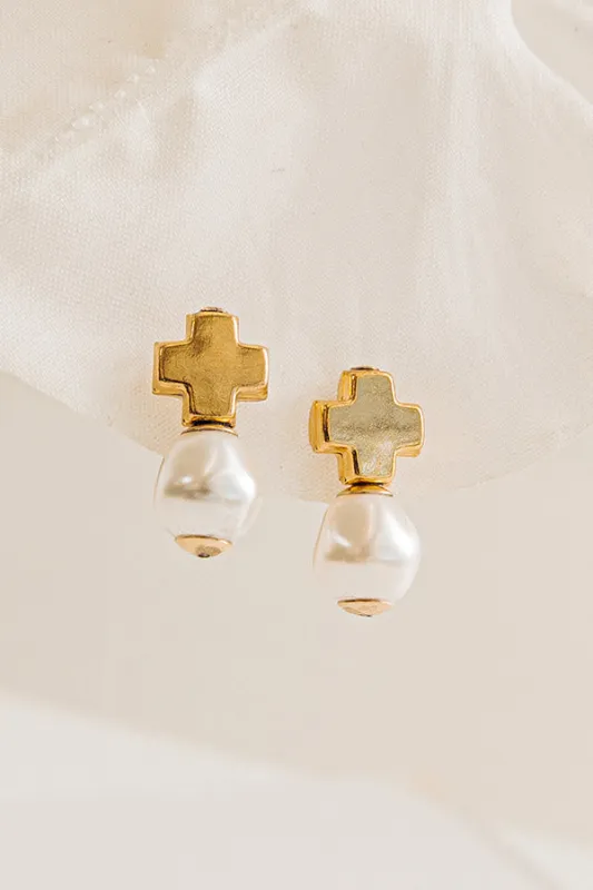 Enewton Signature Gold Cross Classic Drop Earrings in Pearl made by enewton