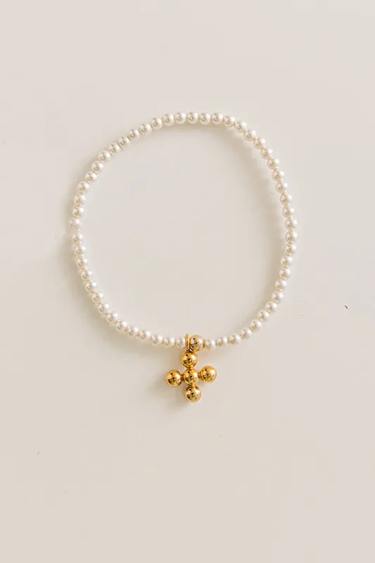 Enewton Classic Pearl 3mm Beaded Bracelet in Signature Gold Beaded Cross Charm made by enewton