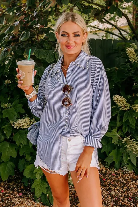 Luxe Debut Embellished Button Up in Navy sold by Impressions