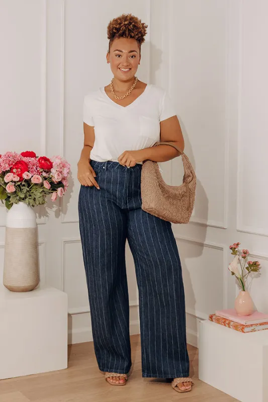 RISEN Calla Midrise Stripe Wide Leg Jean Curves made by Risen