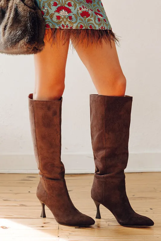 The Lexington Faux Suede Knee High Boot in Chestnut made by Oasis Society