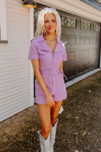 Stay Sophisticated Denim Romper In Lavender sold by Impressions