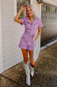 Stay Sophisticated Denim Romper In Lavender sold by Impressions