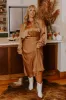 Elite Elegance Satin Button Up In Camel Curves sold by Impressions