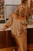 Elite Elegance Satin Button Up In Camel Curves sold by Impressions