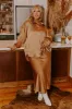 Elite Elegance Satin Button Up In Camel Curves sold by Impressions