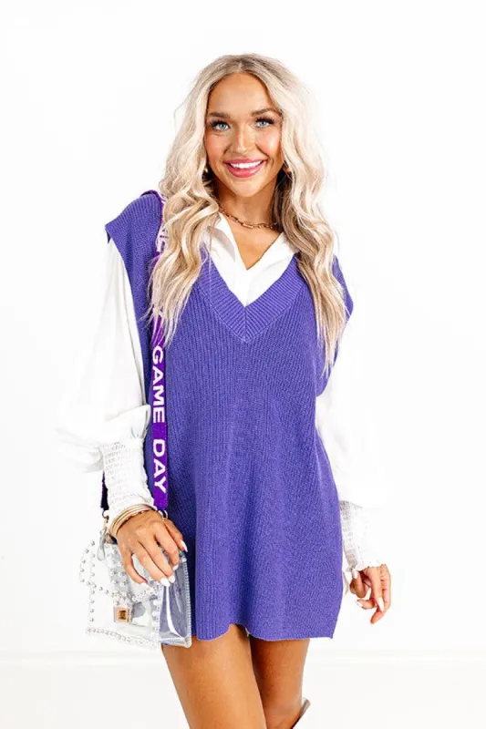 Popular Phrase Tunic Sweater Vest In Purple sold by Impressions