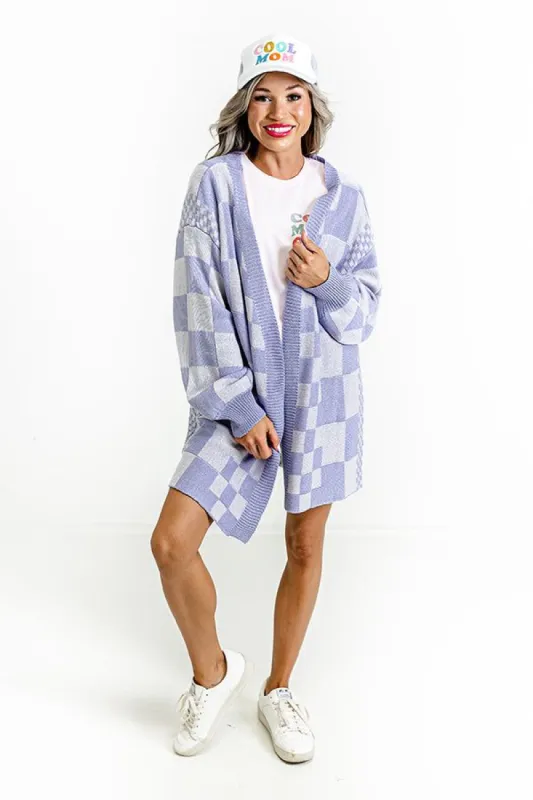 Fact or Fiction Checkered Cardigan in Lavender sold by Impressions