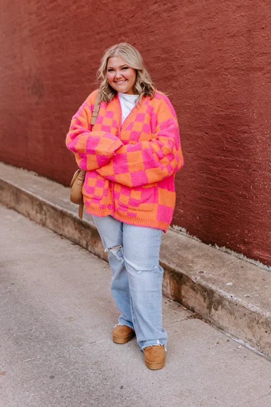 Around The Block Checkered Cardigan in Hot Pink Curves sold by Impressions