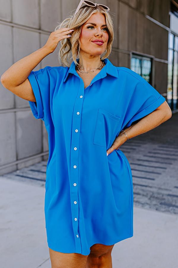 Sunlit Magic Button Up Dress In Ocean Blue Curves sold by Impressions