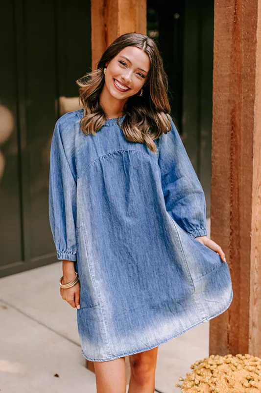 Loving Smiles Denim Mini Dress in Medium Wash sold by Impressions