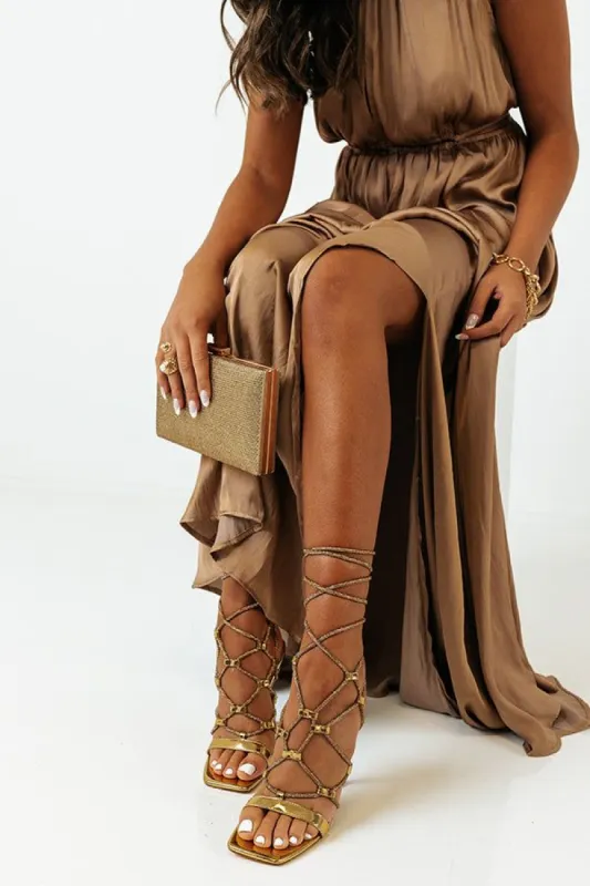 The Liam Lace Up Heel In Gold sold by Impressions