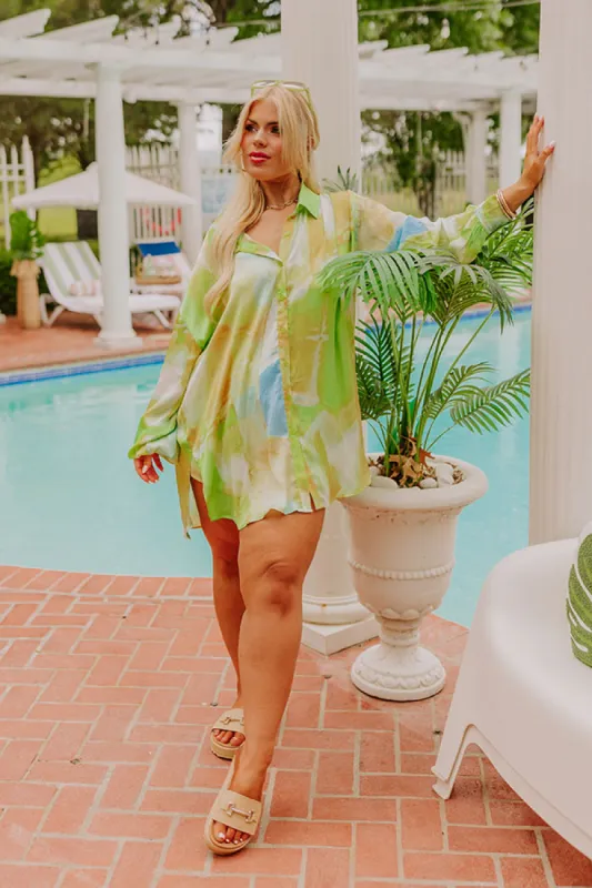 Sorbet Smiles Satin Button Up in Lime Punch Curves sold by Impressions