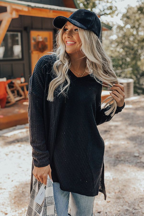 Bonfire Date Waffle Knit Tunic In Black sold by Impressions
