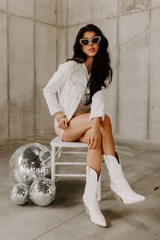 The Rhys Embellished Denim Jacket In White sold by Impressions