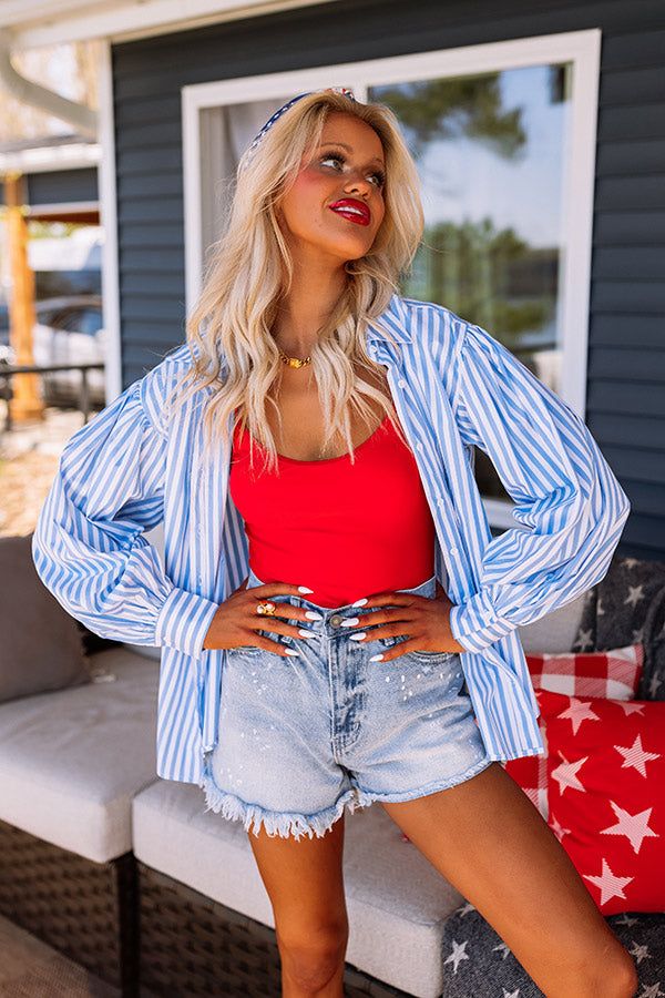 First Class Reservations Stripe Button Up in Blue sold by Impressions