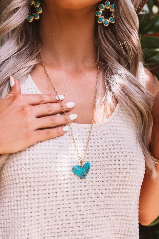 Poppy Heart Vintage Gold Long Pendant Necklace in Turquoise sold by Impressions