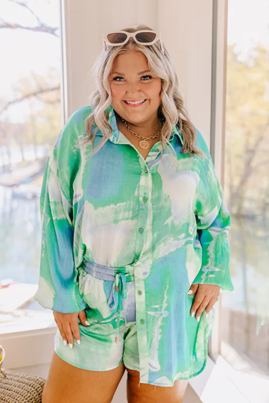 Sorbet Smiles Satin Button Up in Ocean Wave Curves sold by Impressions