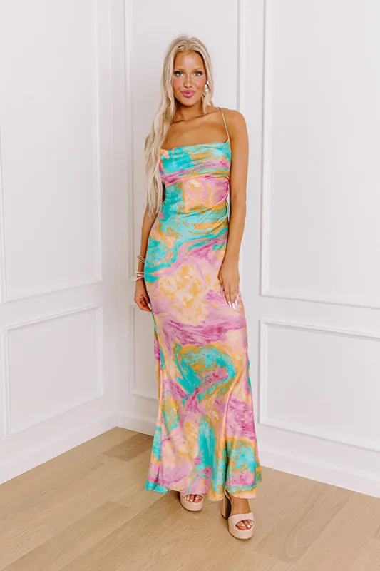 Sunset Sangria Satin Maxi Dress in Pink sold by Impressions