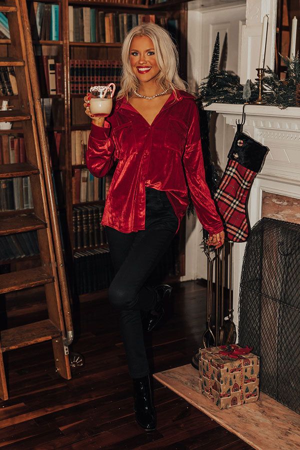 Seasonal Sweetness Velvet Button Up In Red sold by Impressions