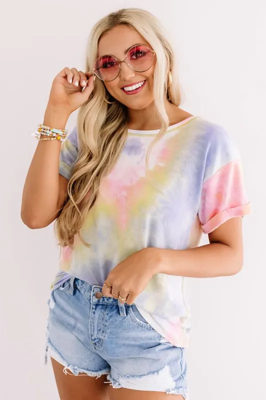Ocean Sunset Tie Dye Tee In Pink sold by Impressions