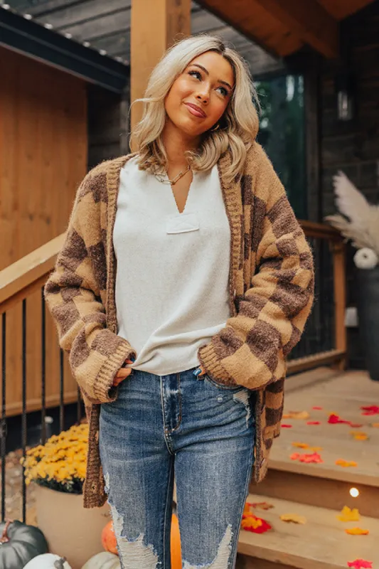 Around The Block Checkered Cardigan in Iced Latte sold by Impressions