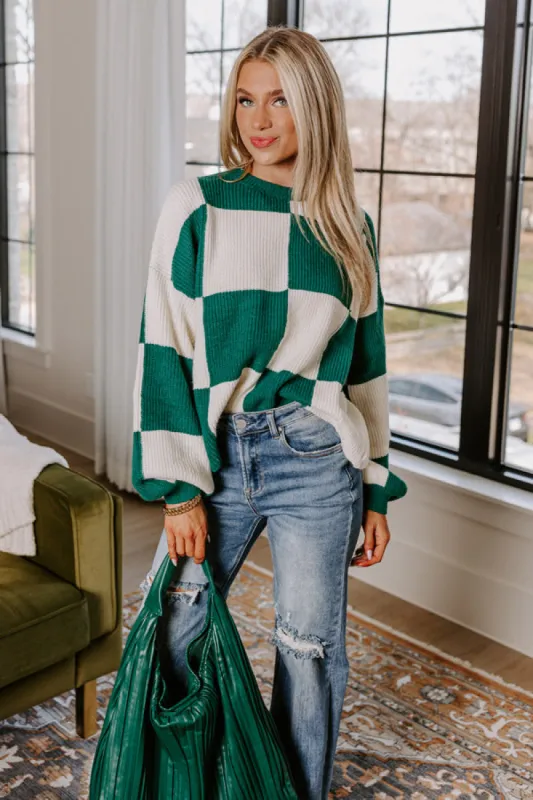 Hear The Beat Checkered Sweater In Hunter Green sold by Impressions