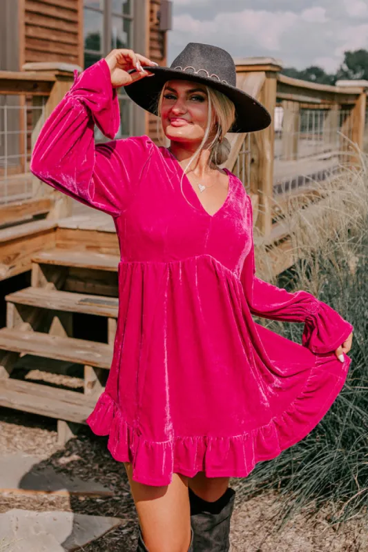 Lost In A Novel Velvet Mini Dress In Hot Pink sold by Impressions