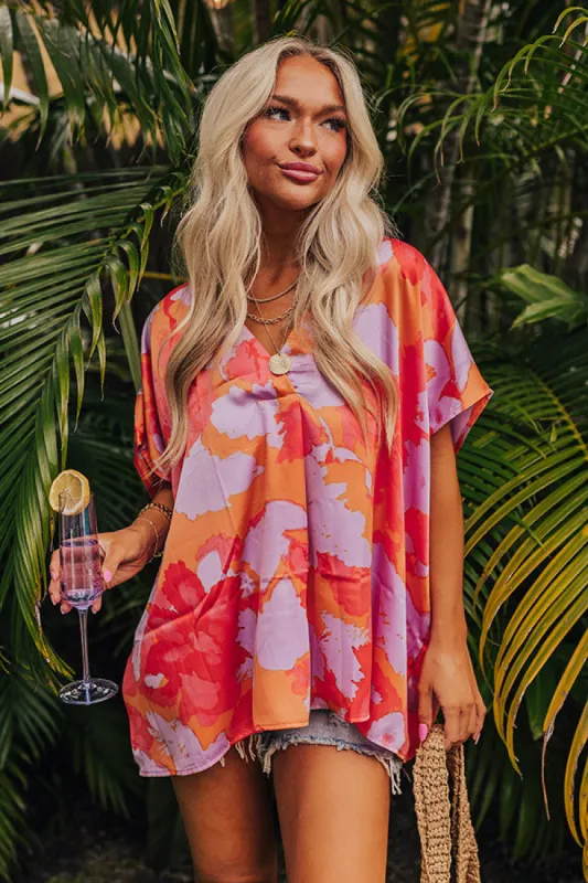 Hibiscus Happiness Satin Shift Top in Coral sold by Impressions