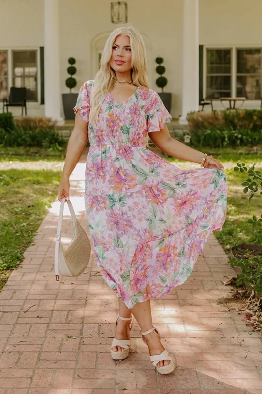 Sunny Sangria Floral Midi Dress in Pink Curves sold by Impressions