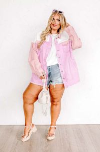Plain And Simple Denim Jacket in Pink Curves sold by Impressions
