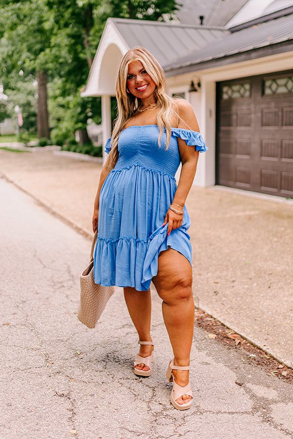 Trip to Barcelona Smocked Mini Dress in Sky Blue Curves sold by Impressions