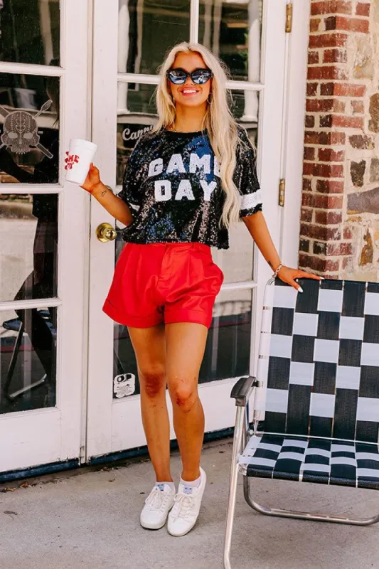 Game Day Sequin Crop Top In Black sold by Impressions