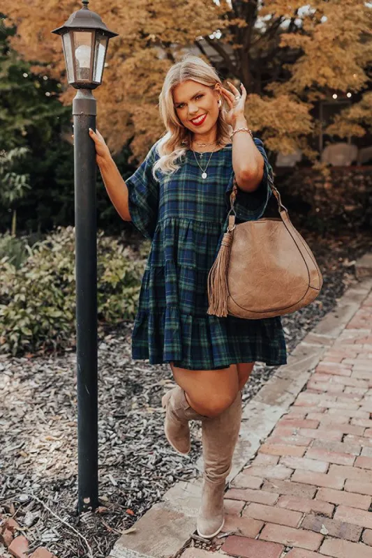 Kind Conversation Plaid Tunic Dress In Green Curves sold by Impressions