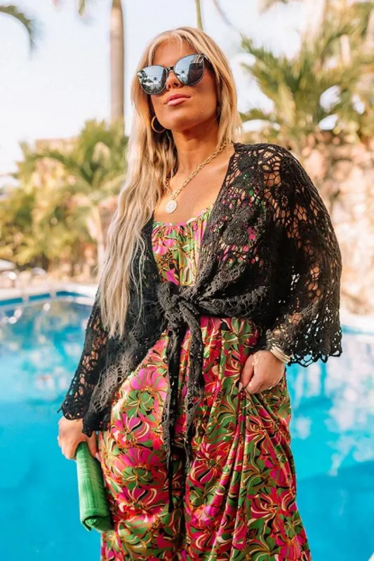 Sail The Day Away Front Tie Crochet Top in Black Curves sold by Impressions