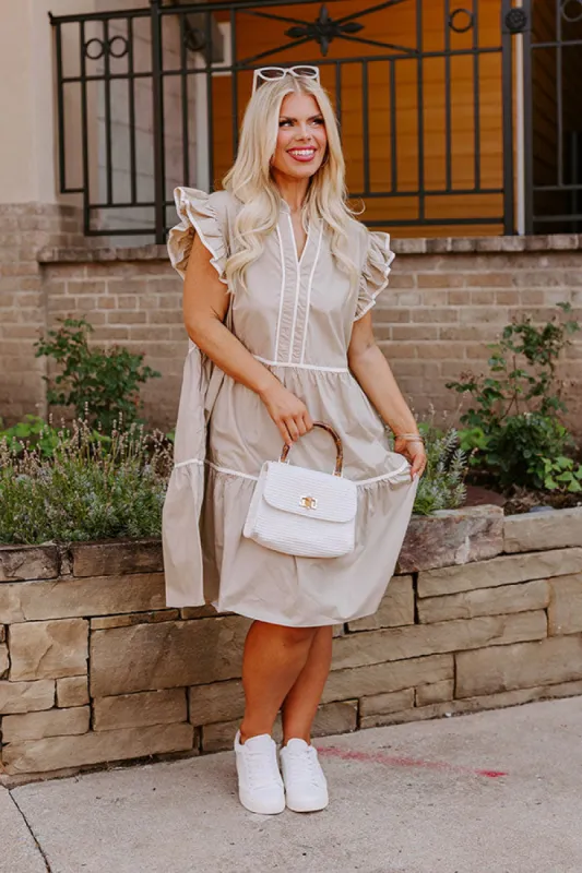 Cue The Charm Mini Dress in Taupe Curves sold by Impressions