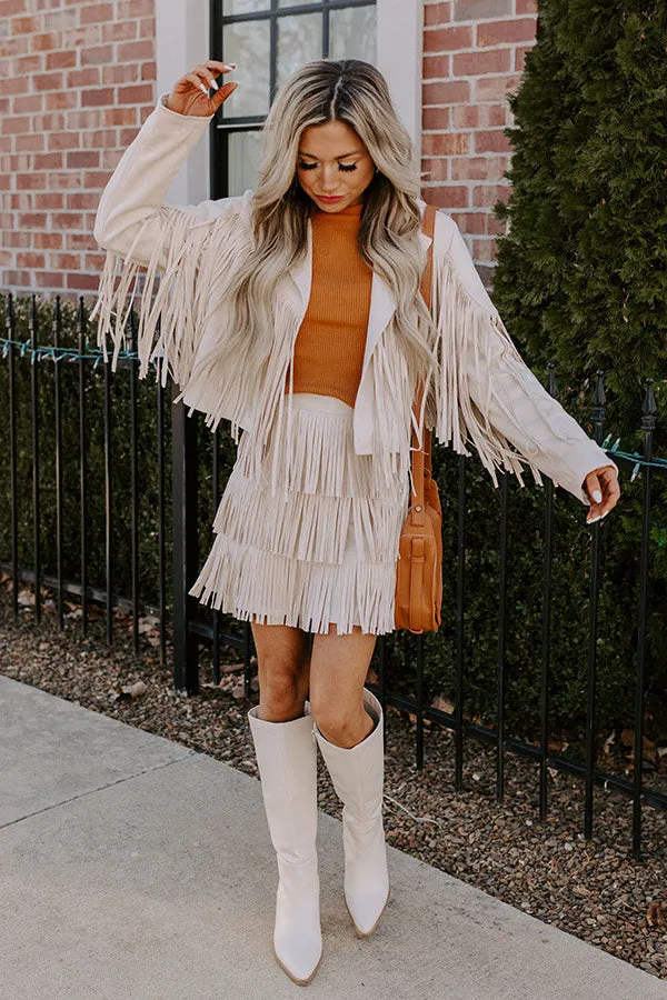 Boho Flow Faux Suede Fringe Jacket in Cream sold by Impressions