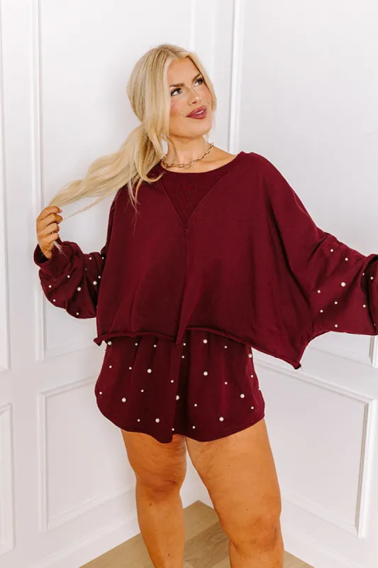 Sideline Chic Pearl Embellished Crop Sweatshirt in Maroon Curves sold by Impressions